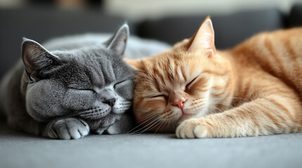 Fototapeta premium Two cats, one gray and one orange, are shown in a restful sleep, their heads nestled together on a soft surface