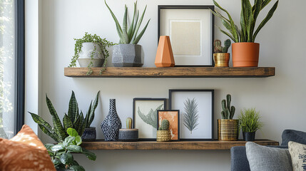 Contemporary shelving unit with curated decor and plants