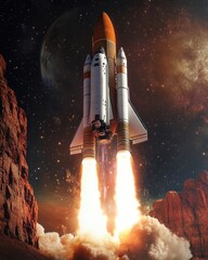 Fototapeta premium Sci-fi themed lenticular poster, a spaceship transitioning from launch to deep space travel in multiple layers