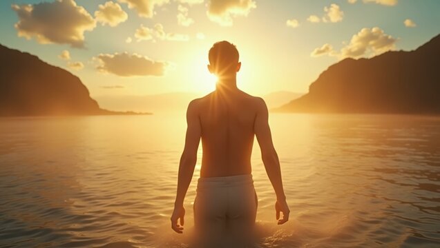 Silhouette of young man with bare back walking into calm sea at golden sunrise for meditation, relaxation, wellness, nature, travel, peaceful holiday background with mountains and clouds