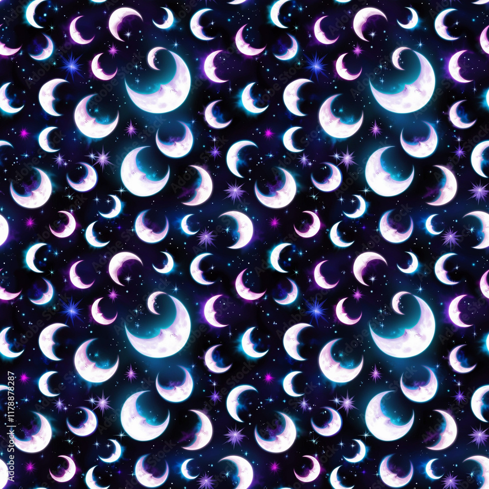 Wall mural seamless mystical pattern of crescent moons and stars on dark background