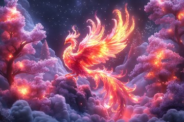 Obraz premium Fiery Phoenix Rising in a Magical Forest Landscape
