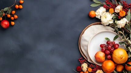 Overhead view of a beautifully styled bohemian inspired dinner table setup featuring an array of autumn florals berries citrus fruits and other seasonal produce against a dark background