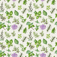Naklejka premium Seamless herbal pattern with basil, rosemary, thyme and mint on a light background