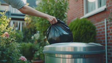Fototapeta premium Hand holding garbage black bag putting in to trash,Garbage bag in a trash bin,waste management and recycling concept,black plastic bags,Waiting for the rubbish keeper officers to take them away.