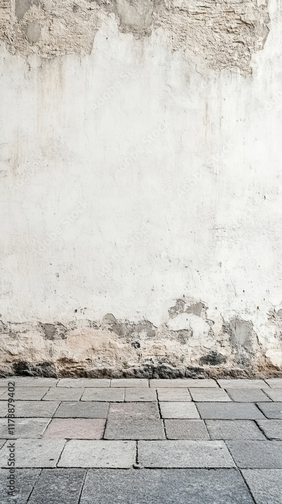 Poster a textured white wall with a weathered stone pavement creates a minimalistic background suitable for