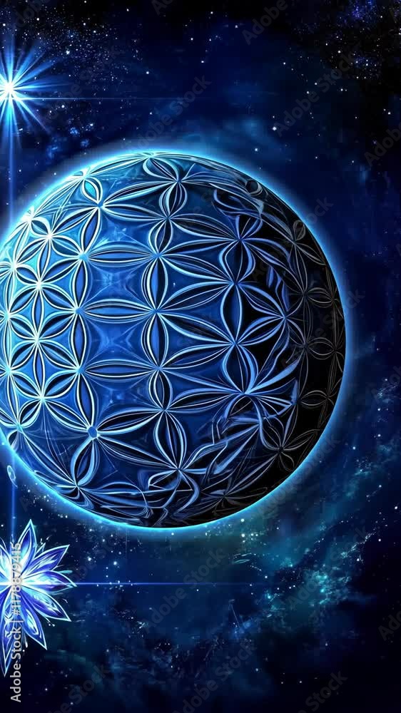 Poster celestial blue planet adorned with intricate patterns set against a starry cosmic backdrop