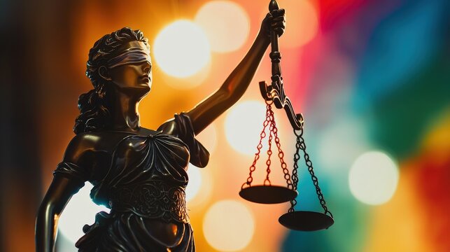 Statue of Justice holding scales with an LGBT flag in the background – symbolizing equality, human rights and justice for all.