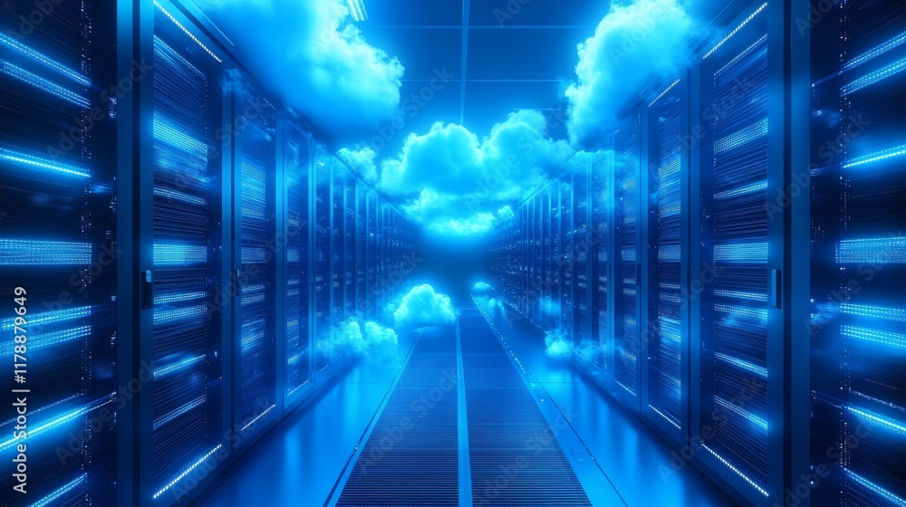 Poster explore a futuristic data center portraying a cloud network concept, with illuminated servers and st