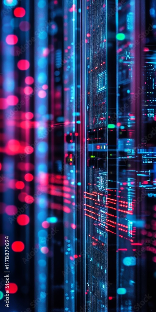 Poster abstract digital network background with colorful lights and data connections in modern data center 