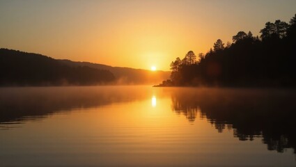 Obraz premium Golden sunrise over calm lake with misty hills and pine trees reflecting peaceful nature scene perfect for relaxation, meditation, travel blogs, or wellness promotions in warm orange tones