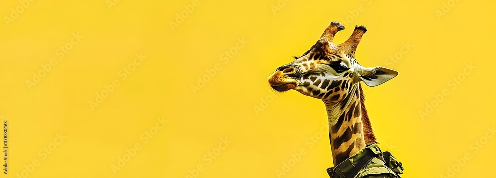 Wall mural a giraffe in a military uniform with a yellow sunny backdrop and large empty area for text