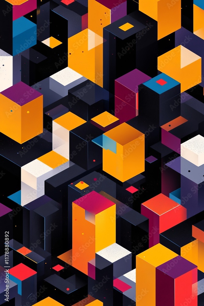 Poster a colorful and abstract cityscape made up of squares and rectangles. the colors are bright and bold,