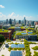 Green Roofs and Solar Panels in a Sustainable Cityscape, low-poly, with white tones