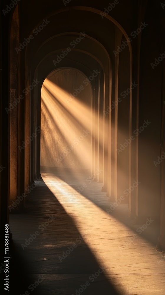 Poster captivating light beams filter through an architectural passage, creating a serene atmosphere that s