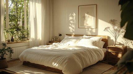 Cozy and bright bedroom with large bed and soft textures