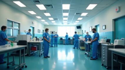 Medical staff in blue scrubs standing in hospital hallway preparing for surgery, healthcare teamwork concept, clinical environment with bright fluorescent lighting, sterile hospital setting, medical