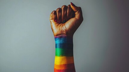 Raised rainbow colored fist of a woman symbolizing pride, freedom, diversity, and the fight for human rights during Pride Month.