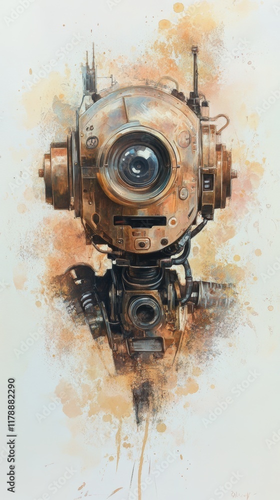 Poster robot with a camera on its head. the robot is in a painting with a lot of splatter and paint