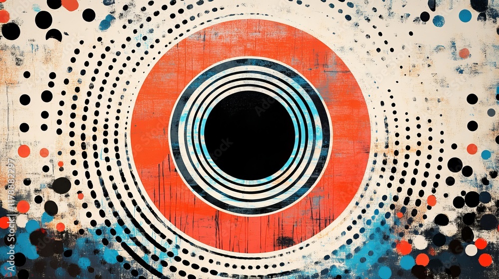 Poster dynamic abstract art featuring concentric circles in vibrant colors, creating a modern and energetic