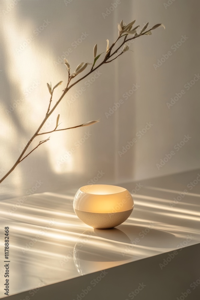 Poster a minimalist elegant light object sits on a sleek surface, casting soft shadows. the composition evo