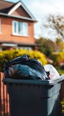 Hand holding garbage black bag putting in to trash,Garbage bag in a trash bin,waste management and recycling concept,black plastic bags,Waiting for the rubbish keeper officers to take them away.