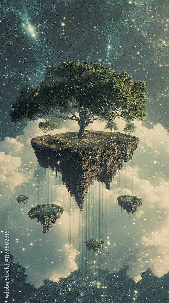 Poster surreal floating island with tree surrounded by data points and cosmic elements in a dreamlike lands