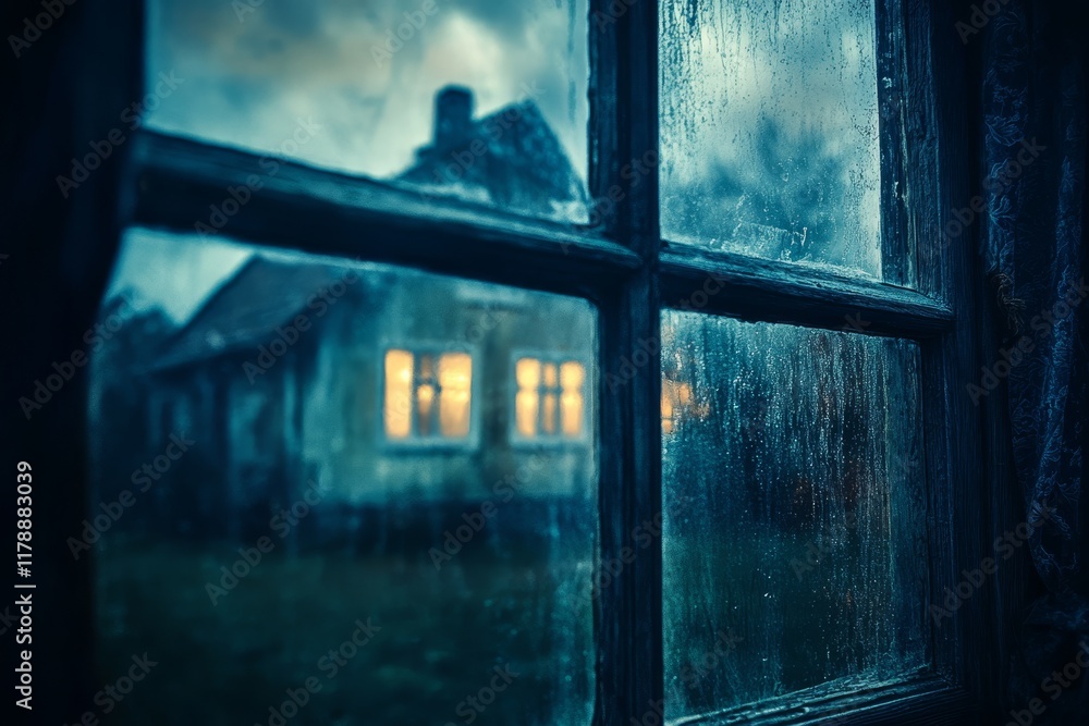 Poster captivating rainy window view featuring a rural house illuminated by warm lights, creating a serene 