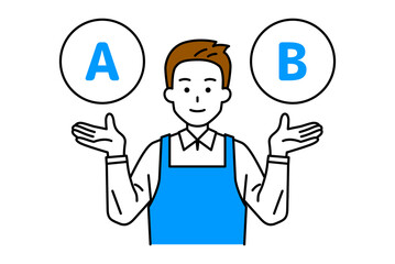AとBの選択肢を提案するエプロン姿の男性