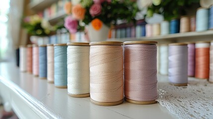 Colorful Spools of Thread in Floral Setting