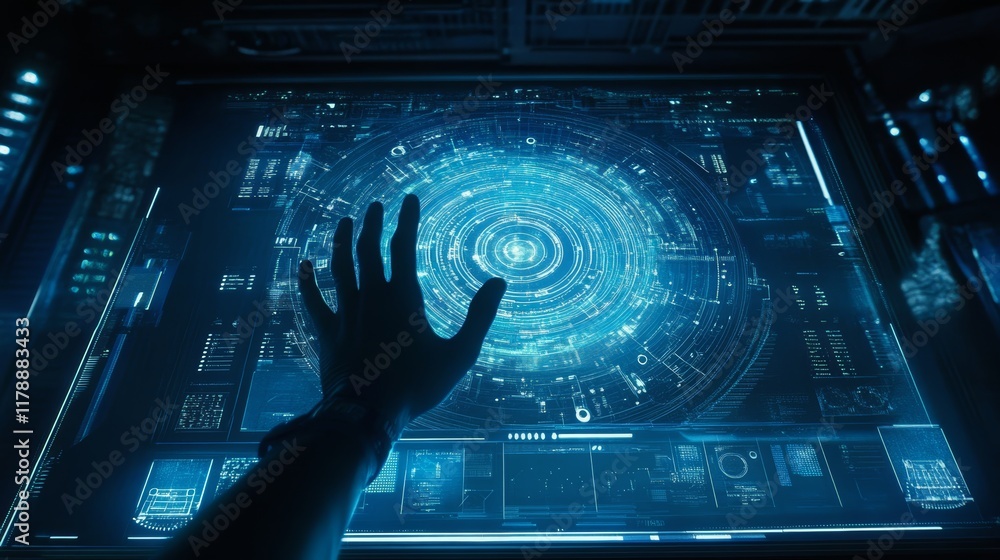 Poster person's hand is extending towards a computer screen displaying a blue circle