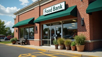 Modern brick food bank building with green awnings and potted plants outside, serving community support and charity, daylight, suburban setting, accessible parking, clear sky, welcoming atmosphere