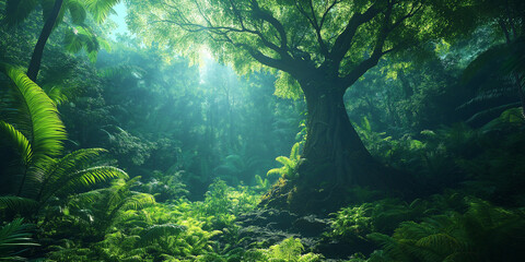 Majestic ancient tree surrounded by lush ferns enchanted forest nature scene vibrant ecosystem serene atmosphere captivating wilderness