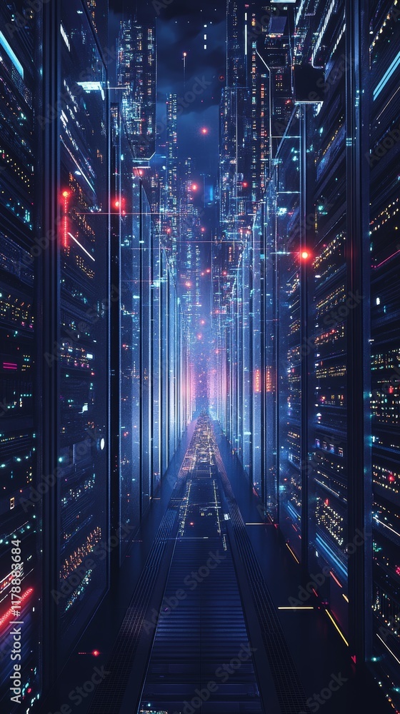 Aufkleber a mesmerizing view of a futuristic data center corridor illuminated by neon lights, showcasing advan