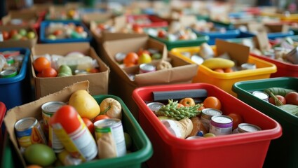 Colorful plastic bins filled with assorted canned goods and fresh produce organized for food donation, charity event, community support, pantry background with warm lighting and vibrant atmosphere