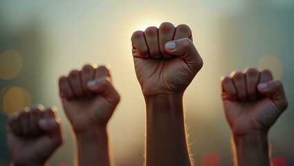 Raised diverse clenched fists showing unity and strength, protest or empowerment concept, outdoor blurred background with warm light bokeh, human rights, social movement, solidarity image