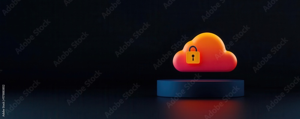 Poster cloud storage and data protection. secure cloud authentication tools, holographic glowing keys and v