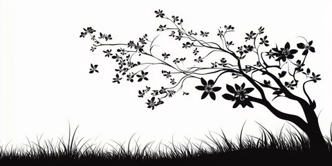 Fototapeta premium Elegant black silhouette of a flowering tree with grass, perfect for nature-themed designs and backgrounds.