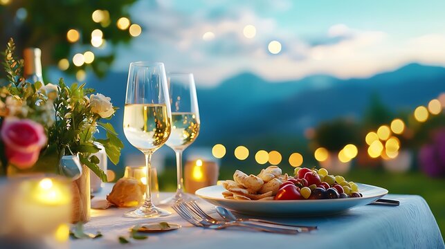 Romantic Outdoor Dining Setup Under Twinkling Fairy Lights in Scenic Garden with Majestic Mountain Backdrop Creating a Cozy and Intimate Atmosphere for a or Special Occasion