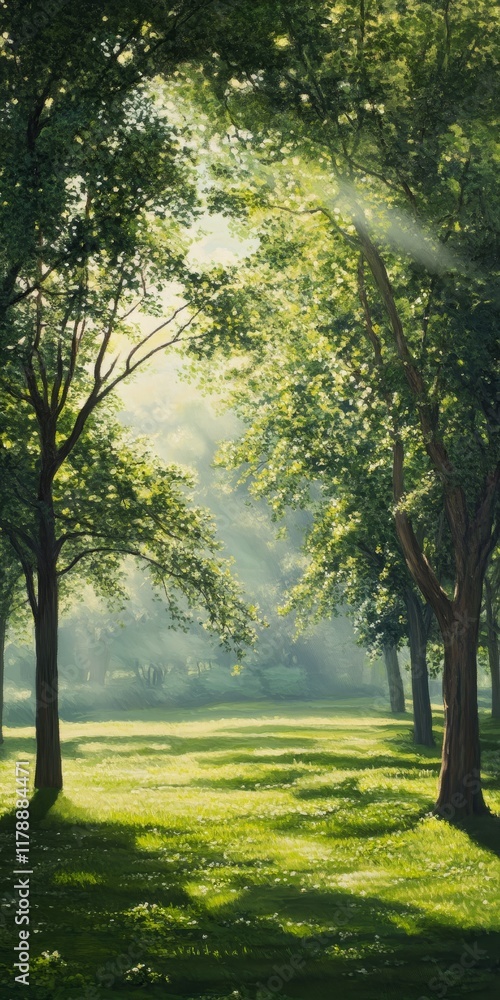 Poster a painting of a forest with trees and grass. the trees are in the foreground and the grass is in the