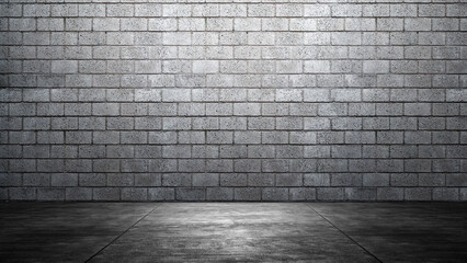 Black wall with plastered concrete floor. Abstract pattern of a brick wall