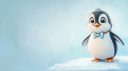 Fototapeta premium Cartoon-style chubby penguin wearing a bowtie, standing on ice, isolated on a soft blue background.