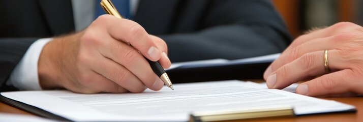 Close-up of a businessman signing a formal document, representing legal agreements, contracts, and transactions.