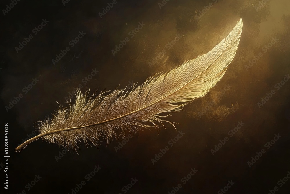 Poster feather is shown in a gold color with a dark background. the feather is the main focus of the image