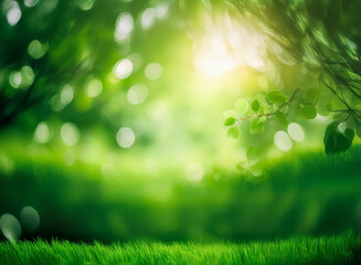 Obraz premium Sunlit forest scene, lush green foliage, soft focus bokeh, vibrant spring or summer meadow, peaceful nature backdrop.
