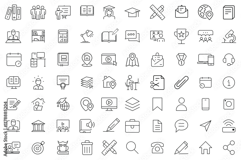 Poster education icon set, web icons in line style. set of 70 line icons related to video tutorial, knowled