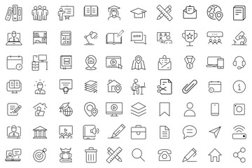 Education icon set, web icons in line style. Set of 70 line icons  related to video tutorial, knowledge, study,  school online education. Vector illustration.