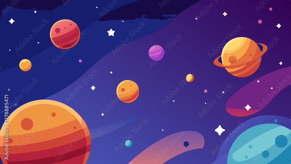 Wall mural planets in various colors and stars glowing brightly against a deep space backdrop.