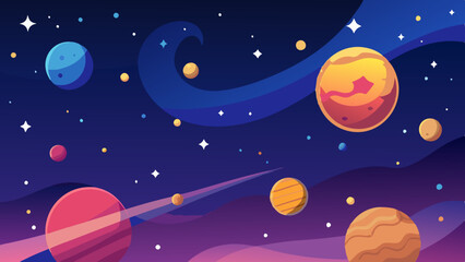 Colorful planets and shining stars scattered across the vastness of space.
