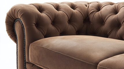 Brown leather sofa with button tufting and symmetrical design